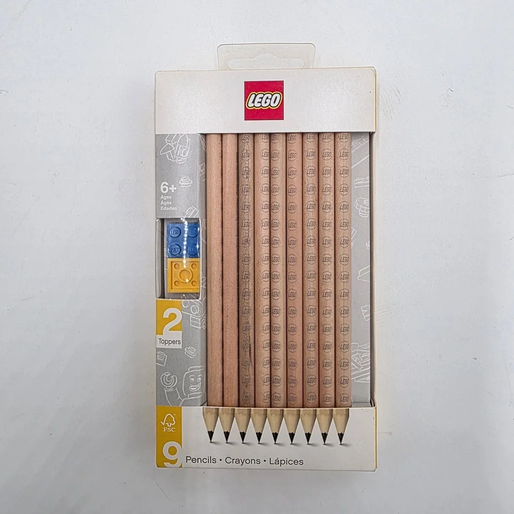 LEGO 9 Piece Graphite Pencil Set with 2 Brick Toppers Model 51504 Wood Pencils